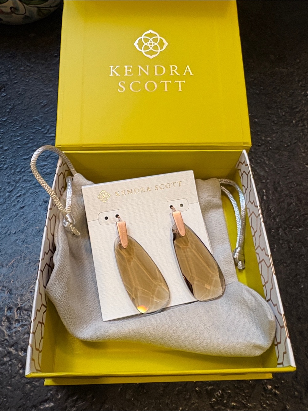 Kendra Scott teardrop Earrings in Warm Amber- new with box, dust bag